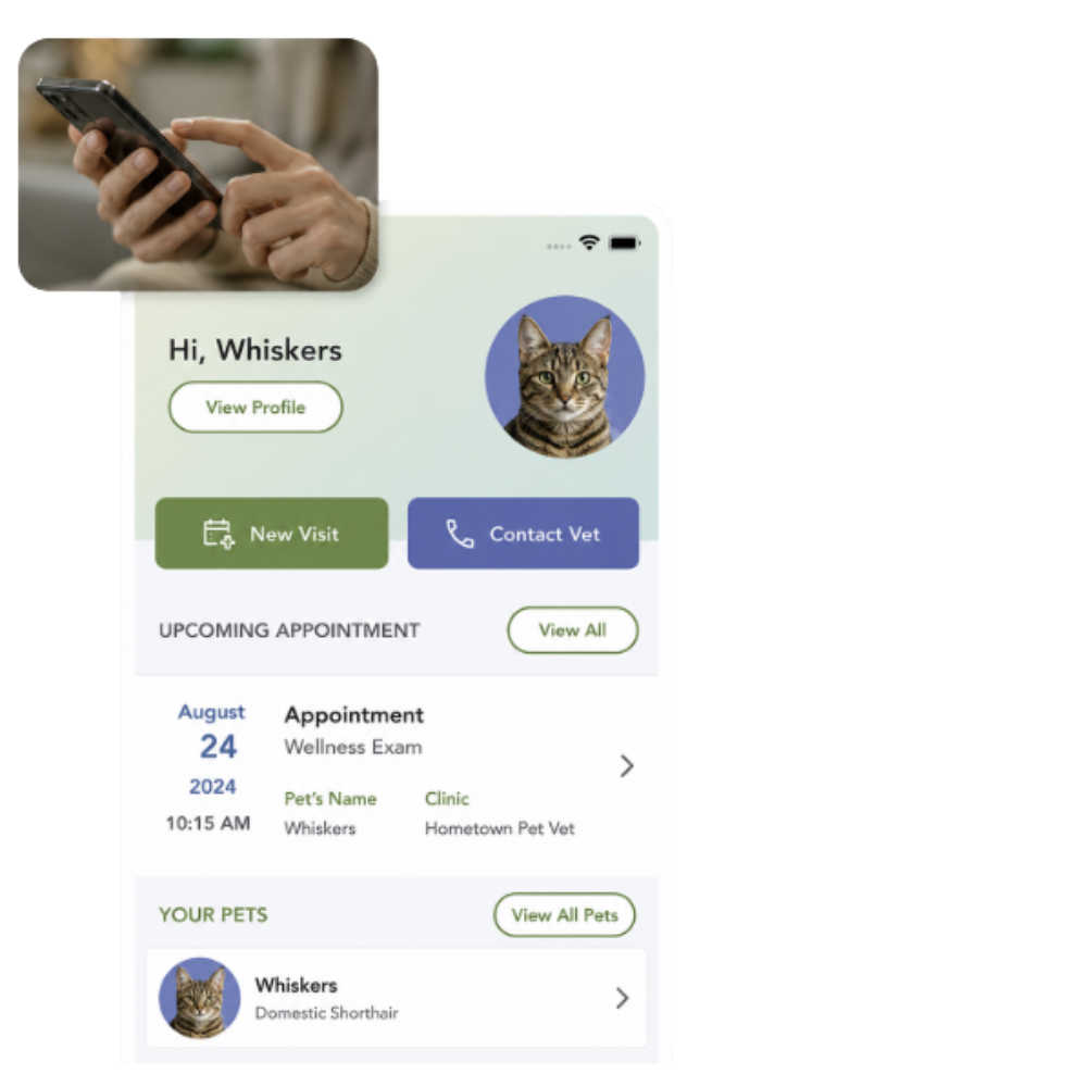 PetCare app screen for Hometown Pet Vet client portal access
